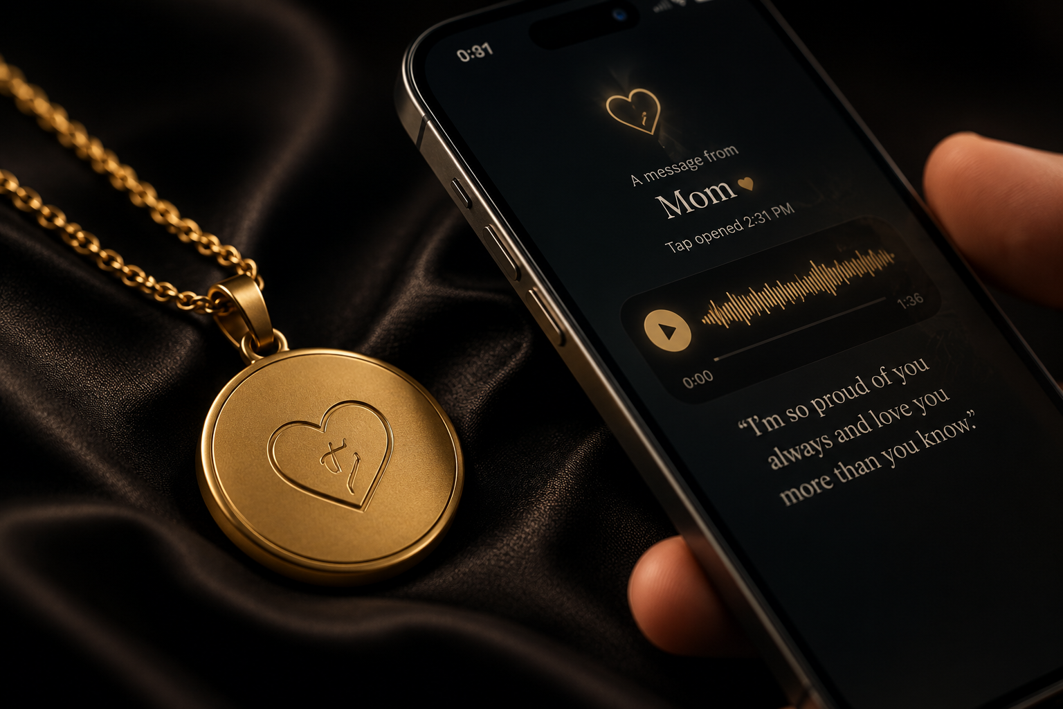 Phone displaying the HavenTap dashboard beside photographs and a pendant